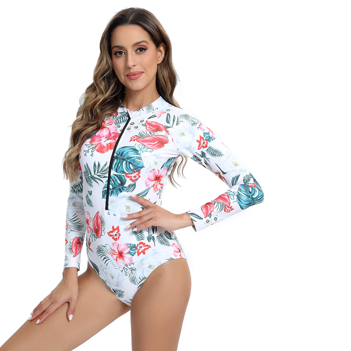 New Floral Printing Women Swimsuit Front Zipper Bodysuit Long Sleeve Bikini